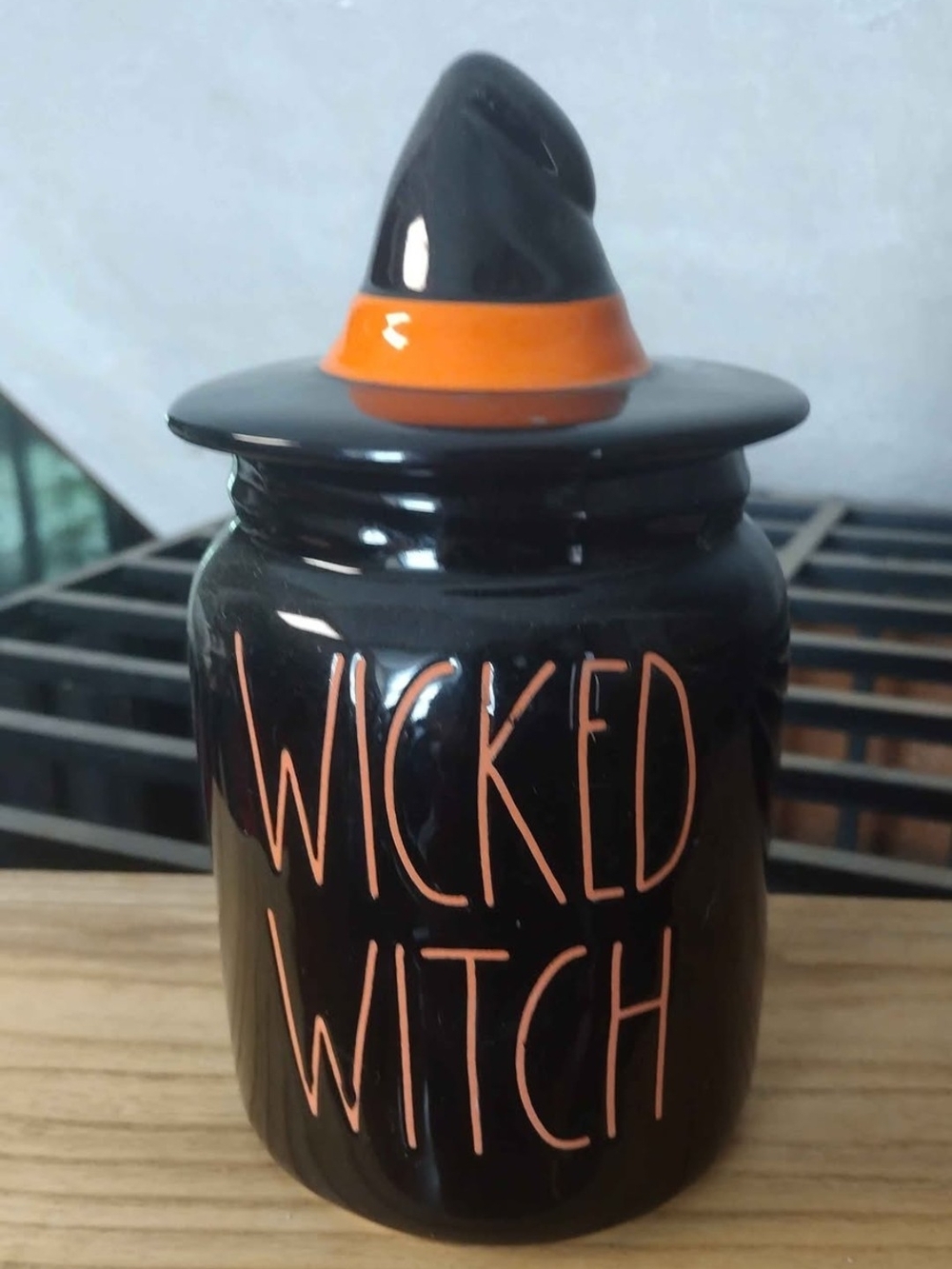 Rae Dunn 'WICKED WITCH' Ceramic Treat Jar in Black with Orange Accents